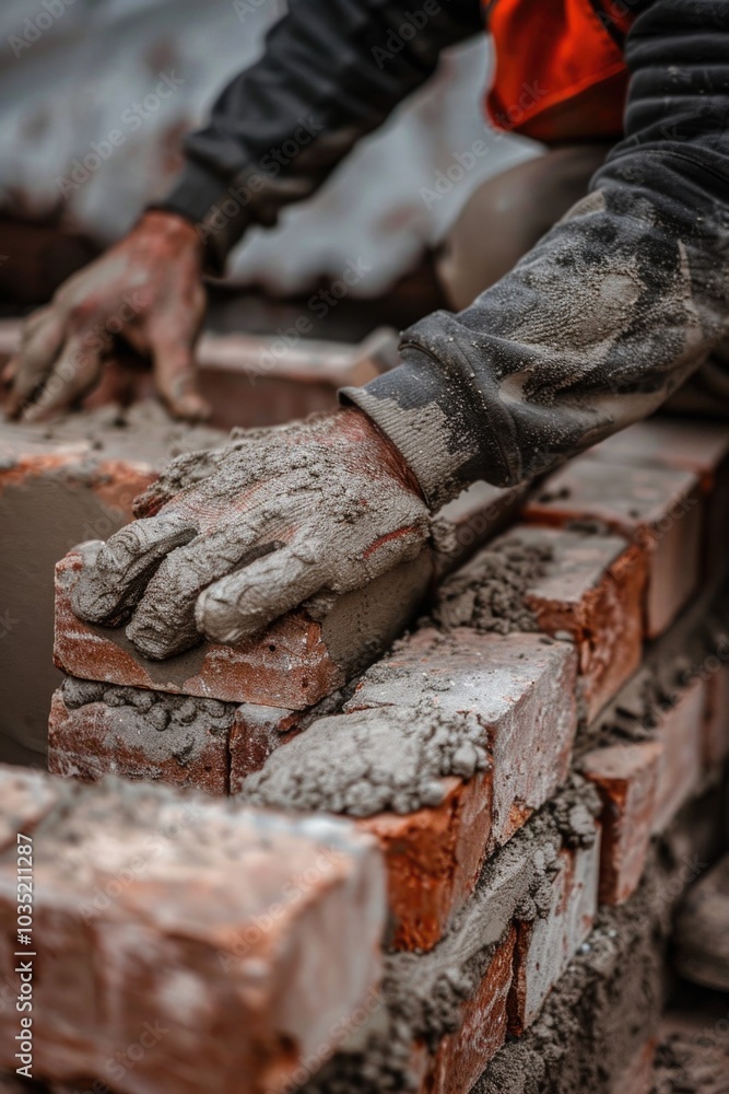Poster a person constructing a brick structure using cement and mortar