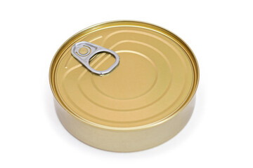 Round Unopened Tin Can Isolated on White Background. Canned Food. Aluminum Can for Safe and Long Term Storage of Food. Steel Sealed Food Storage Container - Isolation