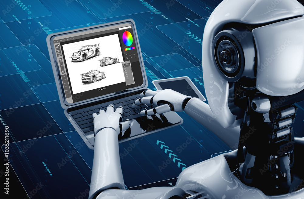 Poster electric car design software on computer screen showing simulation blueprint snugly by digital calcu