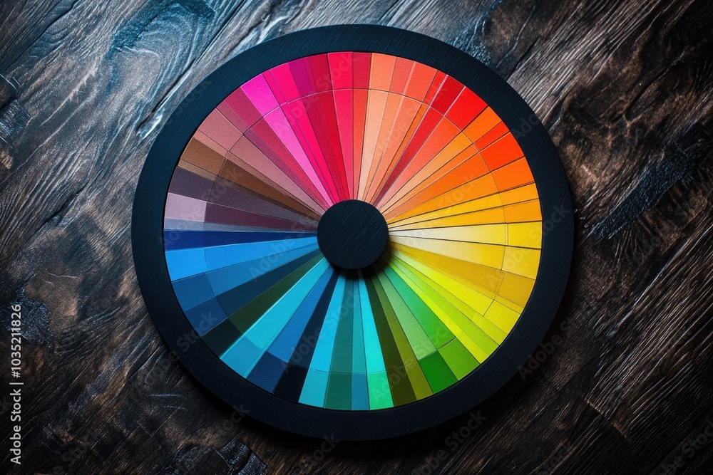 Poster a wooden table with a colorful wheel displaying the color spectrum