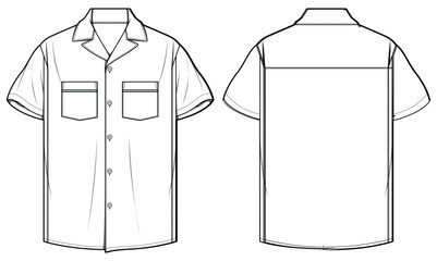 Men's short sleeve Bowling shirt flat sketch illustration with front and back view, Cuban collar mens  hawaiian resort aloha shirt for safari casual wear fashion illustration template mock up © Fathima Flats