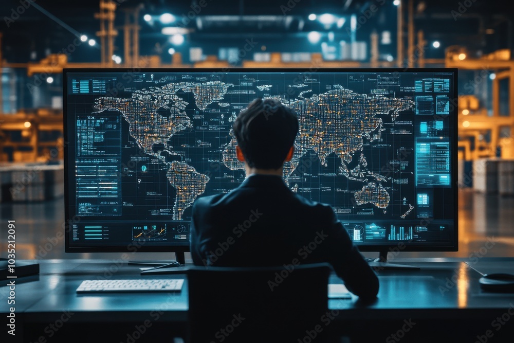 Poster logistics manager looking at a global map on a large screen, shipment routes and data visualizations