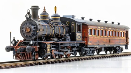 Fototapeta premium A model of a steam locomotive with passenger cars on tracks, set against a white background