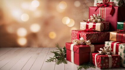 Fototapeta premium Pacchetti di regali di Natale con sfondo natalizio, albero di Natale e luci