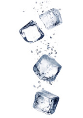 ice cubes falling on transparent background