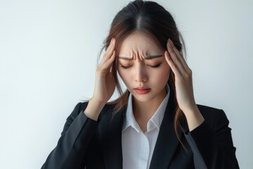 A woman in a professional attire holds her head in her hands, possibly experiencing a headache or stress