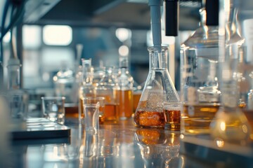 Row of glass flasks filled with colored liquids on a white background