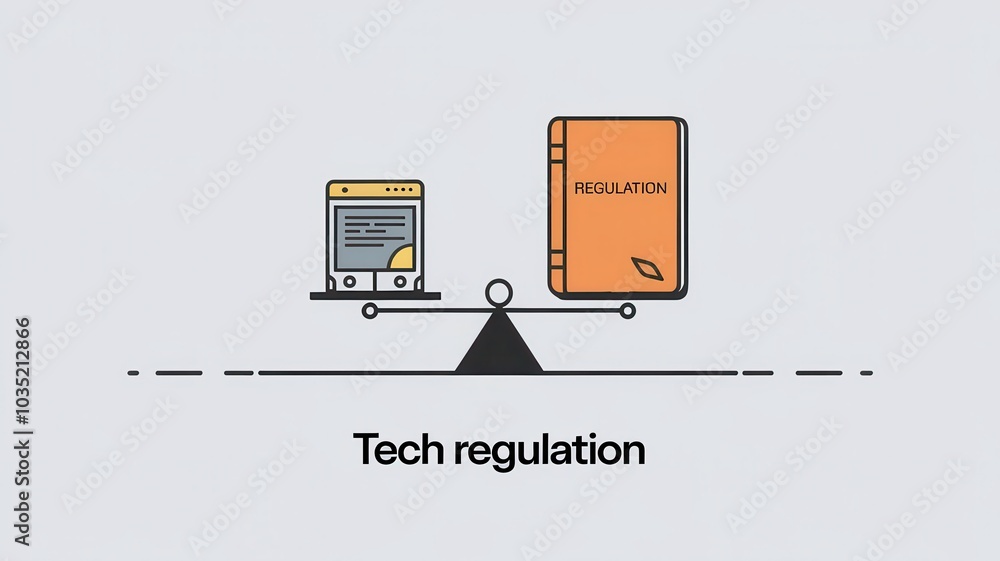 Poster conceptual depicting the balance between technology regulation and policy with scales representing t