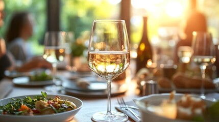 Fototapeta premium Guests savor delicious modern dishes and fine wine while the sun sets over the lively cityscape