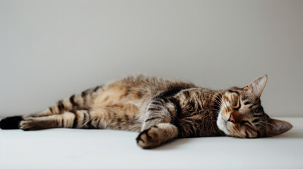 Cat is laying on a white surface, looking at the camera