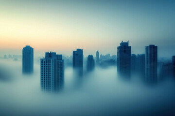 Fototapeta premium City Skyline Enveloped In Thick Fog With Skyscrapers Vanishing Into Mist. Foggy Urban Skyscraper Landscape