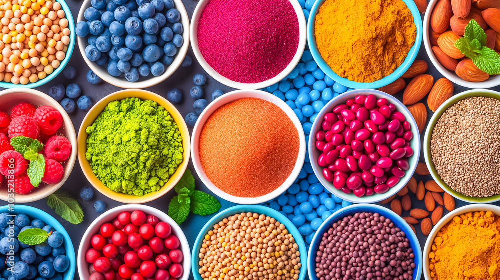 Poster an array of colorful spices, fresh fruits, and various nuts is neatly arranged in bowls on a bright 