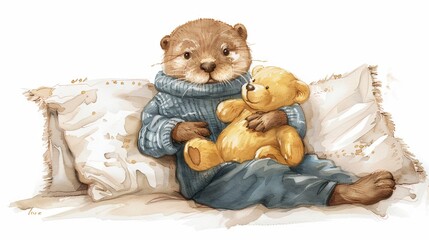  vintage watercolor illustration of a brown otter boy sitting in pants and a sweater, hugging a toy bear, set against a white background.