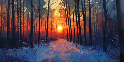 Sunset in winter forest background. Generated Ai
