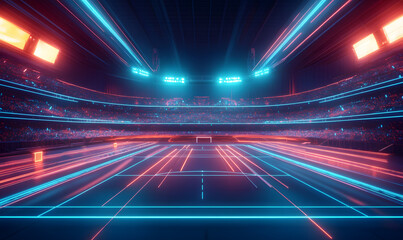 Fototapeta premium Dynamic Neon Football Action with Futuristic Geometric Patterns and Vibrant Light Trails for High-Energy Sports Advertising Backgrounds