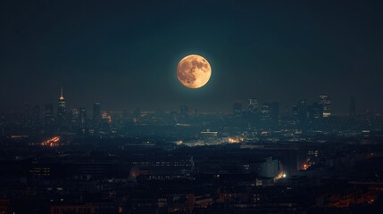 Large huge moon rising over the city in the night