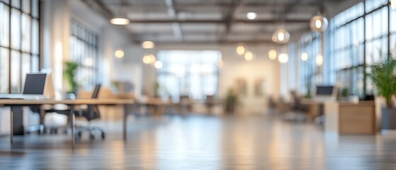 Fototapeta premium Elegant blurred background of a modern office interior, showcasing open workspaces and collaborative areas, ideal for promoting a professional image