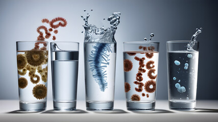 Fototapeta premium Glass with dirty water as water pollution concept. hygiene and health concept with germs stickers on it.