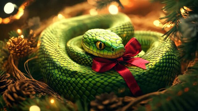 Festive green snake with ribbon bow. New Year 2025 symbol