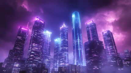 Transparent futuristic skyscrapers illuminated by glowing neon lights in a surreal skyline