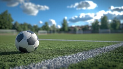 Fototapeta premium A soccer ball sits atop a grassy soccer field, ready for play