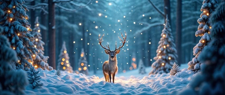 Christmas banner with magical scene of a reindeer in center in snowy forest with Christmas trees with lights and stars with copy space