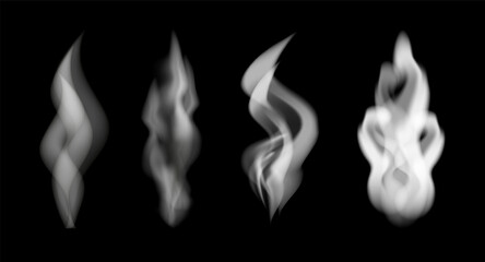 Vector illustration of white smoke set isolated on black background. Transparent effect.	