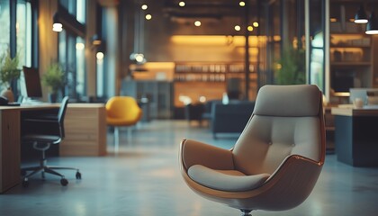 Softly focused background of a modern office interior, highlighting sleek desks and ergonomic chairs, ideal for creating a serene workplace ambiance