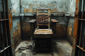 A worn electric chair in a desolate execution chamber from a bygone era of capital punishment