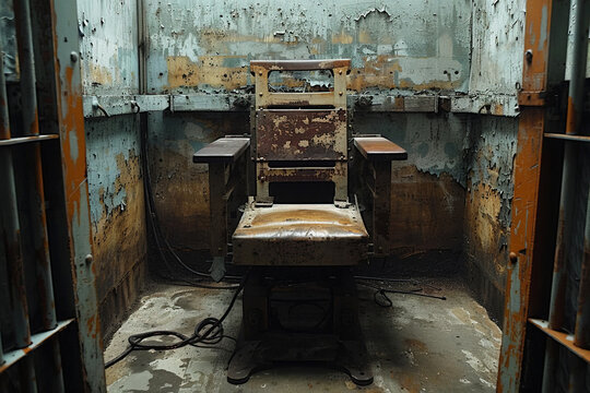 A worn electric chair in a desolate execution chamber from a bygone era of capital punishment