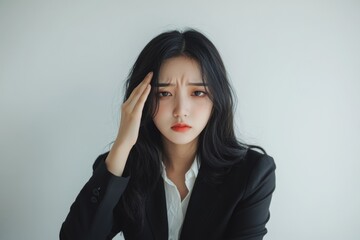 Fototapeta premium A woman in a business suit holding her head, possibly experiencing stress or discomfort