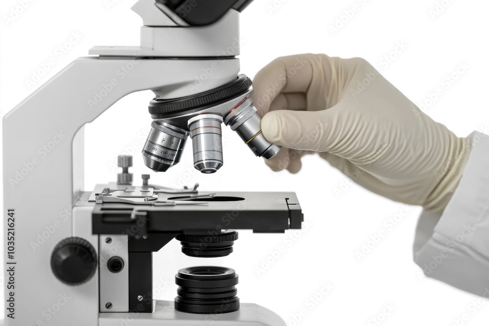 Poster a scientist examines a microscopic sample under the microscope, one phrase about what pictured on im