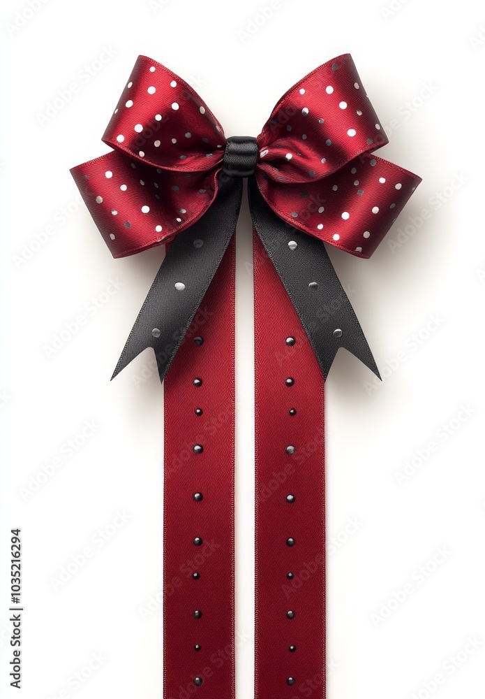 Poster an illustration of a realistic gift wrapping design with shiny red ribbons and a bow isolated on a t