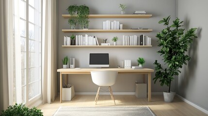 A neat work desk with a minimalist and simple concept with a computer and green plants