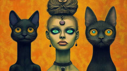 Mysterious woman with striking eyes and two black cats on a vibrant orange background in a surreal style