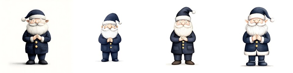 Polite gnome dressed in a navy blue Santa-inspired suit, exuding charm and whimsy in a festive setting, inviting warmth and joy.