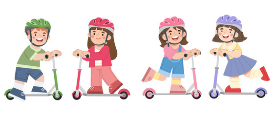 Vector illustration set of happy children riding kick scooters
