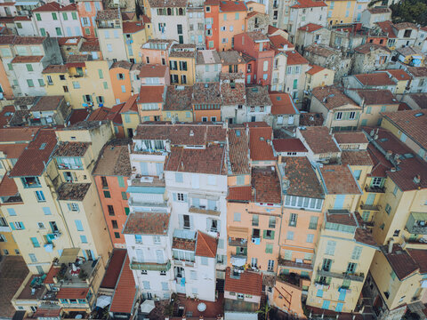 Aerial view of menton old town with beautiful pastel houses, Saint-Paul-Garavan, France.