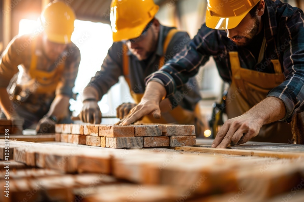 Poster a group of workers in hard hats constructing a wooden framework