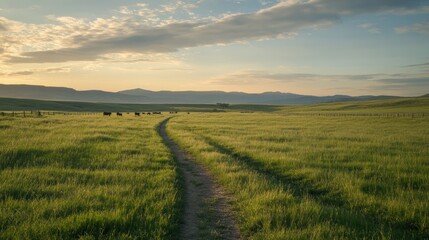 Obraz premium A vast meadow with soft green grass, featuring a winding pathway running through the center, inviting peaceful walks and offering a serene escape into nature's beauty.
