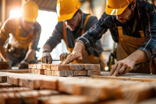 A group of workers in hard hats constructing a wooden framework