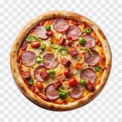 delicious pizza with ham and bacon slices, mozzarella cubes, tomatoes, bell pepper png design 