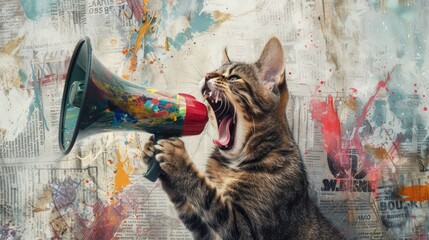 A cat holds a megaphone in its mouth, ready to make some noise