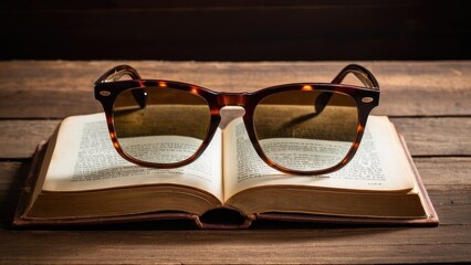 A pair of sunglasses rests on an open book on a wooden table. The warm lighting creates a cozy, inviting ambiance, perfect for a relaxing reading session.