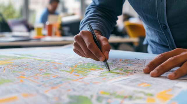 A close-up shot of an urban planner reviewing city maps and blueprints in a bustling municipal planning office, Urban planning office scene, Strategic planning style