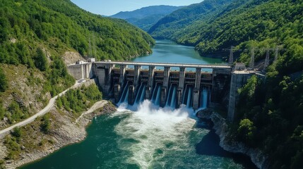 A wide view of a hydroelectric dam with turbines generating electricity, the river flowing powerfully below