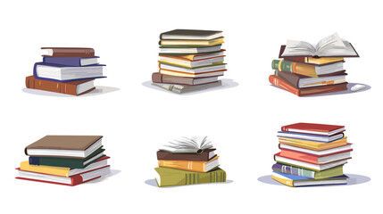 Cute colorful book collection. Set of different stacks and piles of books, open and closed books. Educational theme, scientific and fiction literature. Vector illustration isolated on white background