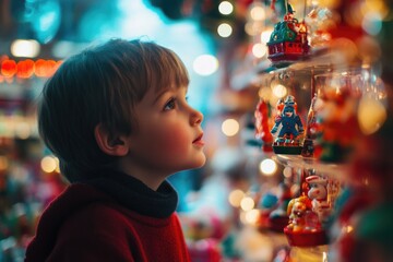 A young boy carefully looks at ornaments on display