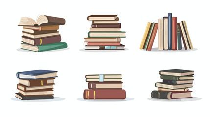 Cute colorful book collection. Set of different stacks and piles of books, open and closed books. Educational theme, scientific and fiction literature. Vector illustration isolated on white background