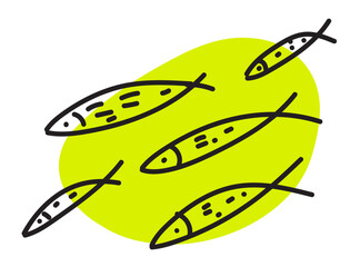 Hand drawn doodle fishes, sketched fish pictogram, sardine flock icon, sketchy sea animals, mackerel